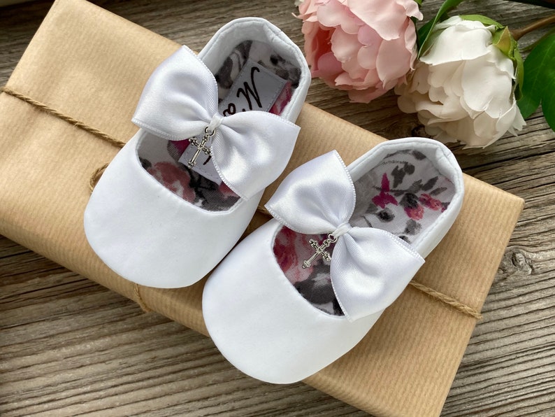 PERSONALISED baptism shoes, ivory cross shoes, white christening shoes, baby shoes, blessing outfit, baby girl slippers, infant bow shoes image 6