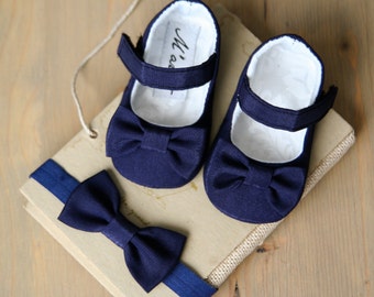 NAVY baby girl shoes, navy blue bow headband, navy mary jane, deep blue toddler girl dress shoes, fancy girl costume shoes Christmas shoes