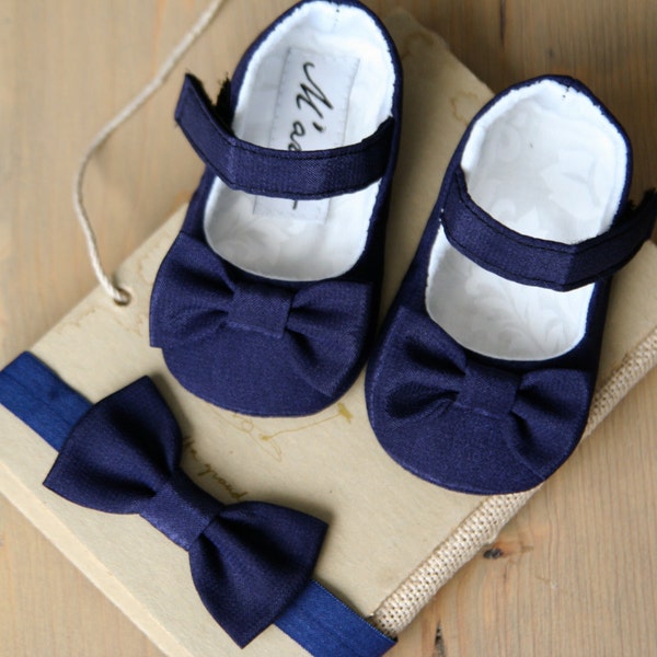 Chaussures bébé fille bleu marine, bandeau avec noeud bleu marine, mary jane bleu marine, chaussures habillées bleu foncé pour petite fille, chaussures pour déguisement fille fantaisie, chaussures de Noël