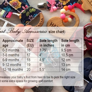 May include: A chart showing baby shoe sizes in US and EU sizes, with corresponding approximate ages and sole lengths in inches and centimeters. The chart is titled "Mart Baby Accessories size chart".