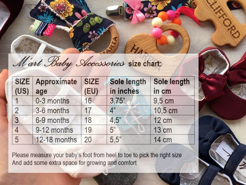 May include: A chart showing baby shoe sizes in US and EU sizes, with corresponding approximate ages and sole lengths in inches and centimeters. The chart is titled "Mart Baby Accessories size chart".