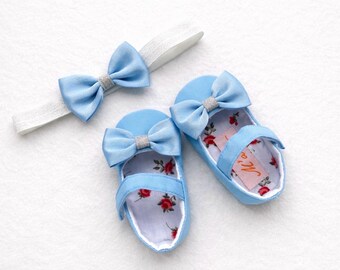 Cinderella Baby-Mädchen Schuhe und Stirnband, hellblaue Baby-Prinzessin Schuhe, Alice im Wunderland Schuhe und Schleife