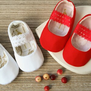 White or Ivory baby ballet flats, baptism slippers, handmade baby girl shoes, elastic lace strap shoes, Red Christmas shoes image 5