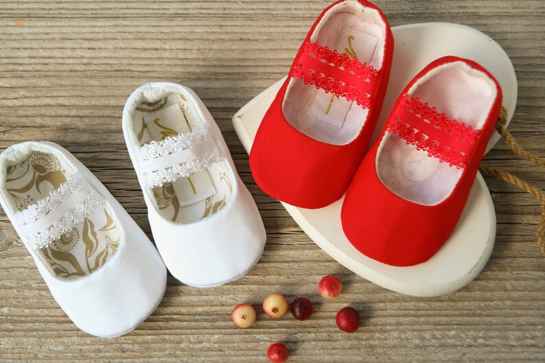 White or Ivory baby ballet flats, baptism slippers, handmade baby girl shoes, elastic lace strap shoes, Red Christmas shoes image 5