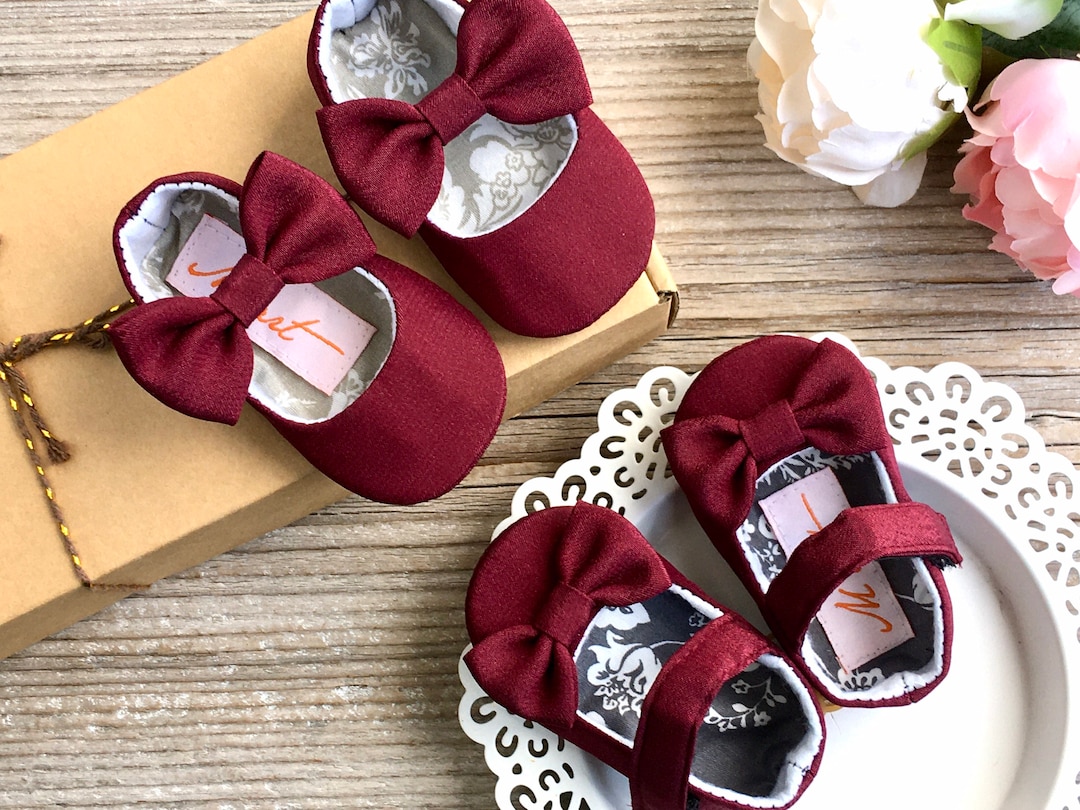 Burgundy Baby Shoes, Christmas Wine Red Baby Girl Shoes, Flower