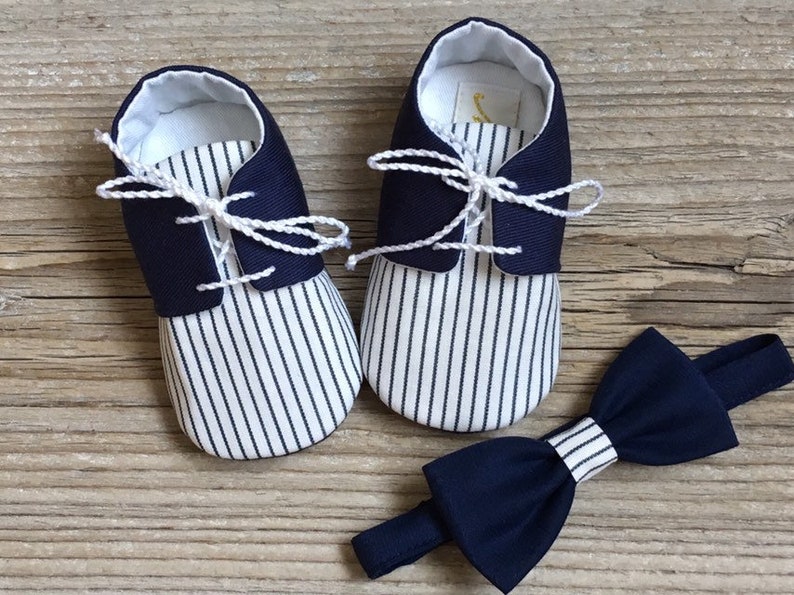 Navy blue and white striped baby boy shoes and BOW tie