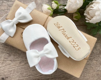 PERSONALISED baptism shoes, White christening shoes, Ivory baby girl bow shoes, Blessing outfit, ballerina slippers, infant bow shoes