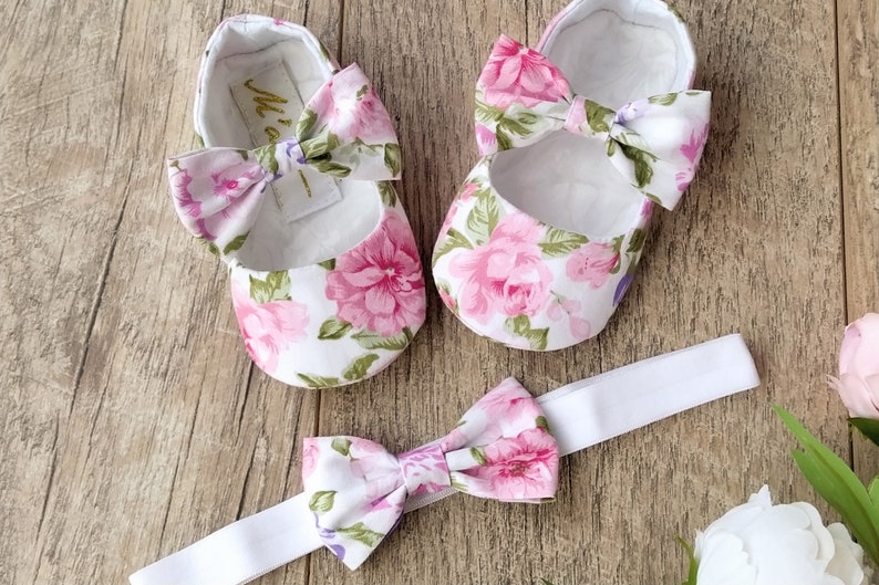 Floral Baby Girl Shoes Pink Baby Shoes Baby Bow Shoes Etsy