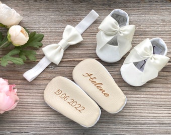 GEPERSONALISEERDE ivoren satijnen strikschoenen, babydoopschoenen, witte babydoopschoenen, babyballerina balletschoenen zegenslippers