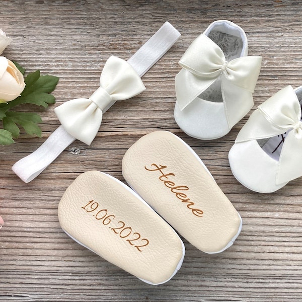 PERSONALISED ivory satin bow shoes, baby baptism shoes, white baby christening shoes, infant ballerina ballet shoes blessing slippers