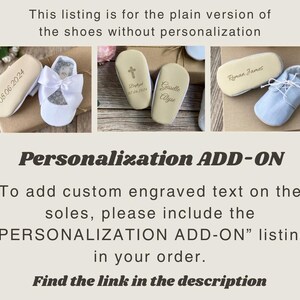 May include: Three pairs of baby shoes with personalized text on the soles. The shoes are white, blue, and beige. The text on the soles reads "08.06.2024", "Goudle Elyse", and "Kyman James".