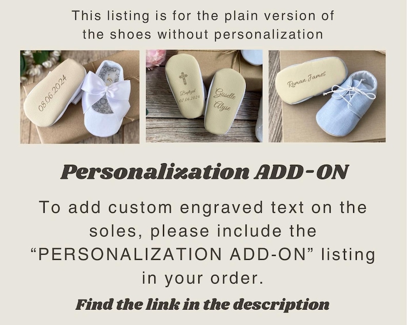May include: Three pairs of baby shoes with personalized text on the soles. The shoes are white, blue, and beige. The text on the soles reads "08.06.2024", "Goudle Elyse", and "Kyman James".