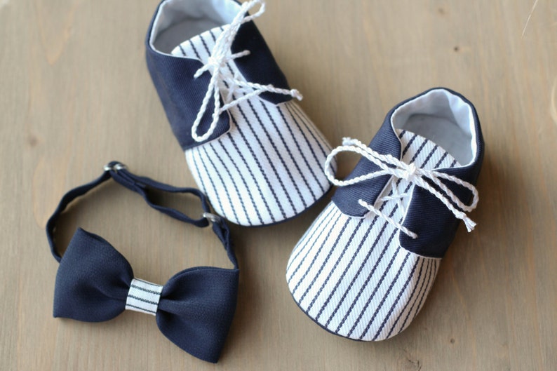 Navy blue and white striped baby boy shoes and BOW tie