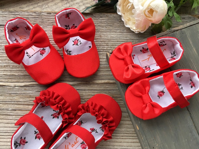 Red Satin Baby Shoes Girl Bow Shoes Red Dress Shoes Etsy