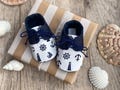 Nautical Baby Booties, Denim Infant Shoes, Sailor Pacifier Clip Set product logo
