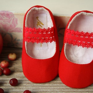 White or Ivory baby ballet flats, baptism slippers, handmade baby girl shoes, elastic lace strap shoes, Red Christmas shoes image 6