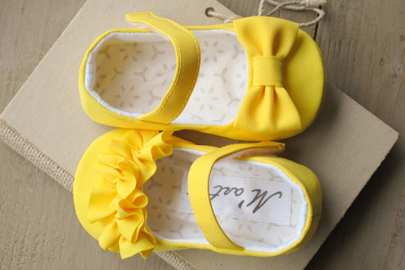 Yellow baby girl shoes with RUFFLES or BOWS, Easter outfit dress shoes, yellow baby shower gift, 1st birthday Minnie Mouse toddler flats image 8