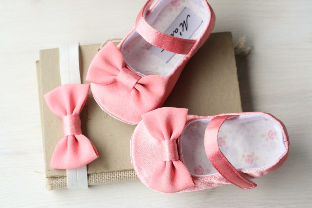Blush Pink Baby Girl Shoes and Bow Headband Coral Pink Baby Etsy