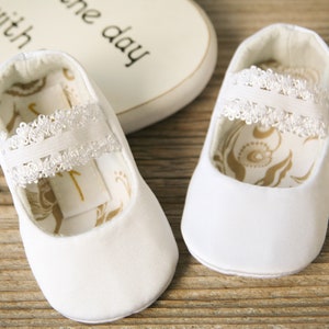 White or Ivory baby ballet flats, baptism slippers, handmade baby girl shoes, elastic lace strap shoes, Red Christmas shoes image 2