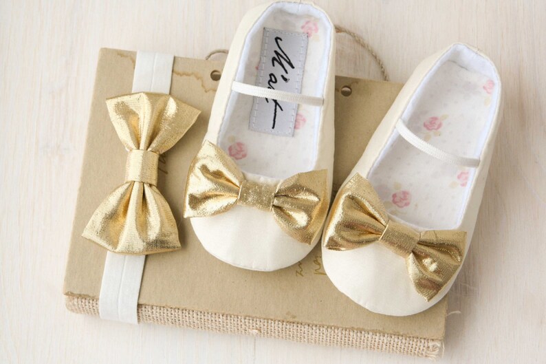 Gold Baby Shoes Ivory Baby Girl Shoes Baby Baptism Slippers Etsy