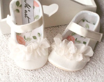 Christening shoes ivory satin baby girl baptism shoes White baby girl shoes toddler flats wedding dress shoes fancy costume shoes flats gift