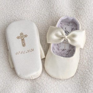 PERSONALISED ivory baptism shoes and bow headband, cross shoes, white christening shoes, blessing outfit baby girl slippers infant bow shoes