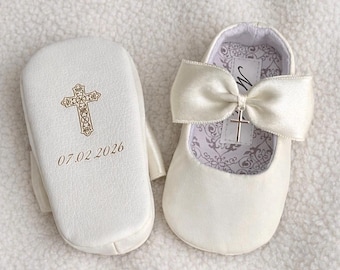 PERSONALISED ivory baptism shoes and bow headband, cross shoes, white christening shoes, blessing outfit baby girl slippers infant bow shoes