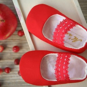 White or Ivory baby ballet flats, baptism slippers, handmade baby girl shoes, elastic lace strap shoes, Red Christmas shoes image 9