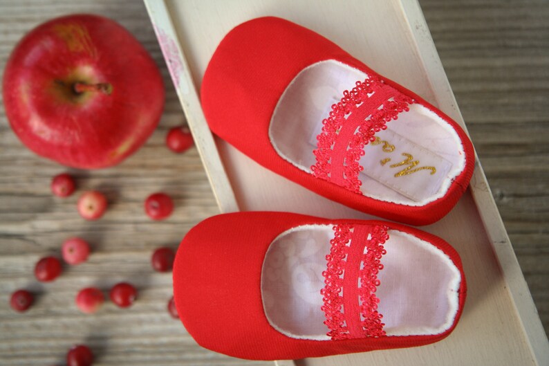 White or Ivory baby ballet flats, baptism slippers, handmade baby girl shoes, elastic lace strap shoes, Red Christmas shoes image 9