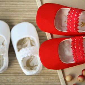 White or Ivory baby ballet flats, baptism slippers, handmade baby girl shoes, elastic lace strap shoes, Red Christmas shoes image 8