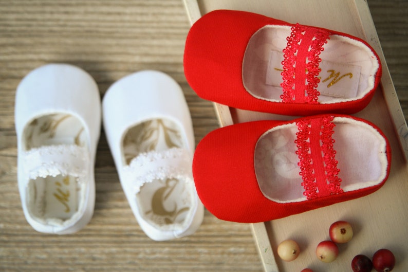 White or Ivory baby ballet flats, baptism slippers, handmade baby girl shoes, elastic lace strap shoes, Red Christmas shoes image 8