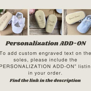 May include: Three pairs of baby shoes with personalized engraved text on the soles. The shoes are white, light blue, and a light pink color. The text on the soles reads "08.06.2024", "Casselle Alyse", and "Roman James".