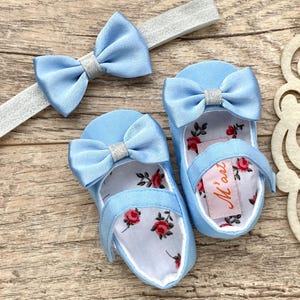 Cinderella baby girl shoes and headband, light blue baby princess shoes, princess dress up party shoes, Alice in Wonderland shoes and bow