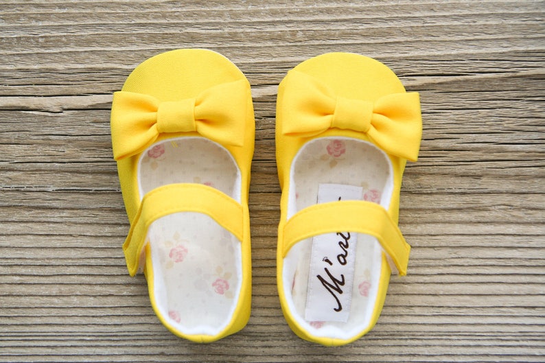 Yellow baby girl shoes with RUFFLES or BOWS, Easter outfit dress shoes, yellow baby shower gift, 1st birthday Minnie Mouse toddler flats image 2