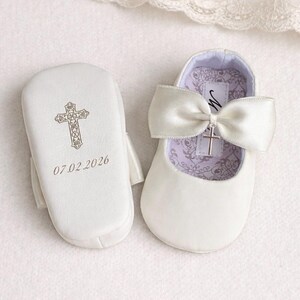 Ivory baptism shoes & headband, baby girl christening shoes, white baby shoes with bows, toddler girl slippers with cross, taufschuhe image 5