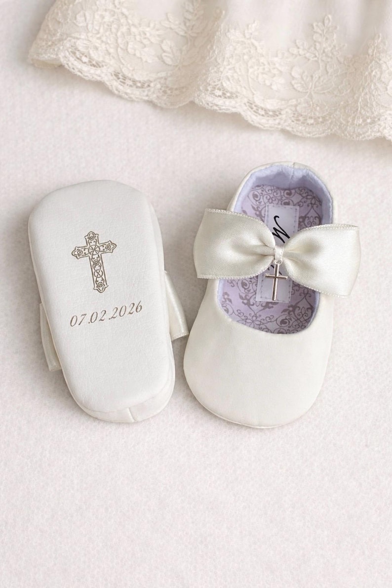 Ivory baptism shoes & headband, baby girl christening shoes, white baby shoes with bows, toddler girl slippers with cross, taufschuhe image 5