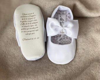CUSTOM NAME baby girl baptism shoes, white cross shoes, ivory christening shoes, blessing outfit, baby girl slippers, infant bow shoes