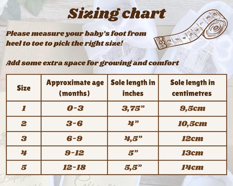 SIZE CHART: baby shoes can be made in sizes: 0-3 months, 3-6 months, 6-9 months, 9-12 months, 12-18 months. Size chart in inches and centimetres.