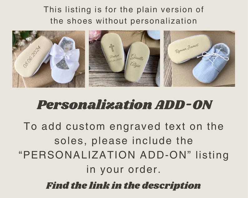 K&ouml;nnte beinhalten: Drei Paar Babyschuhe mit personalisiertem Text auf den Sohlen. Die Schuhe sind wei&szlig;, blau und beige. Der Text auf den Sohlen lautet "08.06.2024", "Guidle Alyse" und "Ryman James".