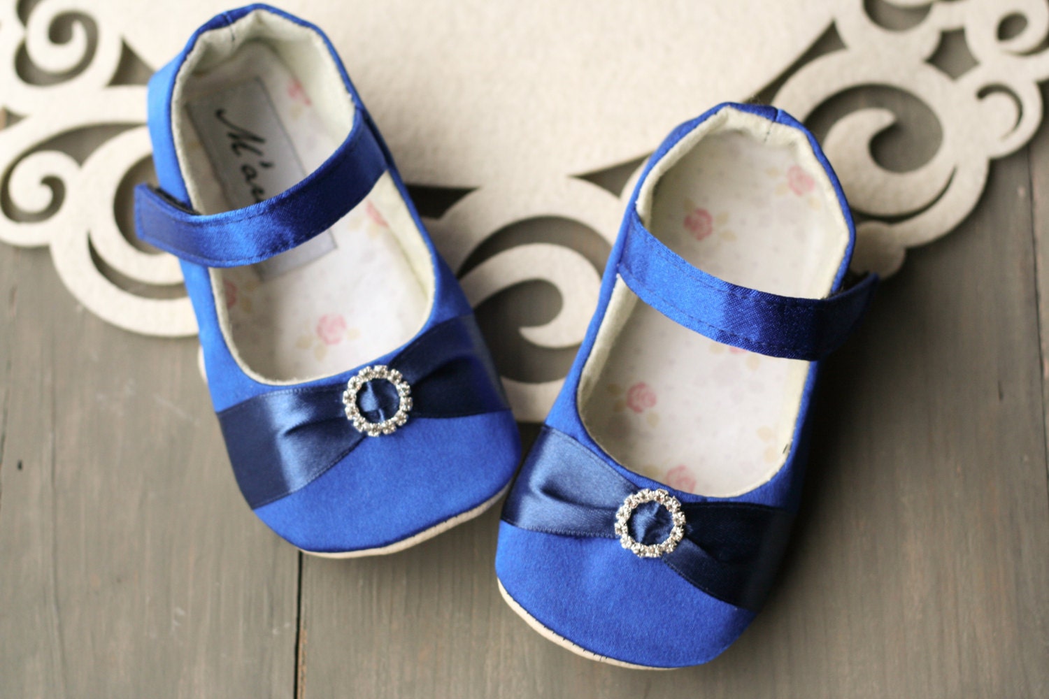 Royal Blue Baby Girl Rhinestone Shoes Blue Satin Slippers Etsy