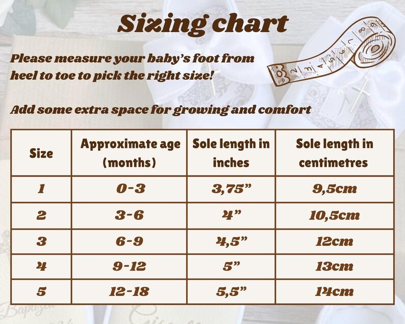 May include: A brown chart with a white background showing baby shoe sizes in inches and centimeters. The chart includes the approximate age of the baby in months, the shoe size, the sole length in inches, and the sole length in centimeters. The chart is titled "Sizing chart".
