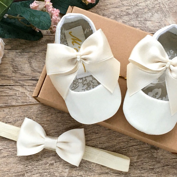 IVORY satin bow shoes, baby baptism shoes, WHITE baby christening shoes, infant ballerina ballet shoes blessing wedding fancy dress shoes