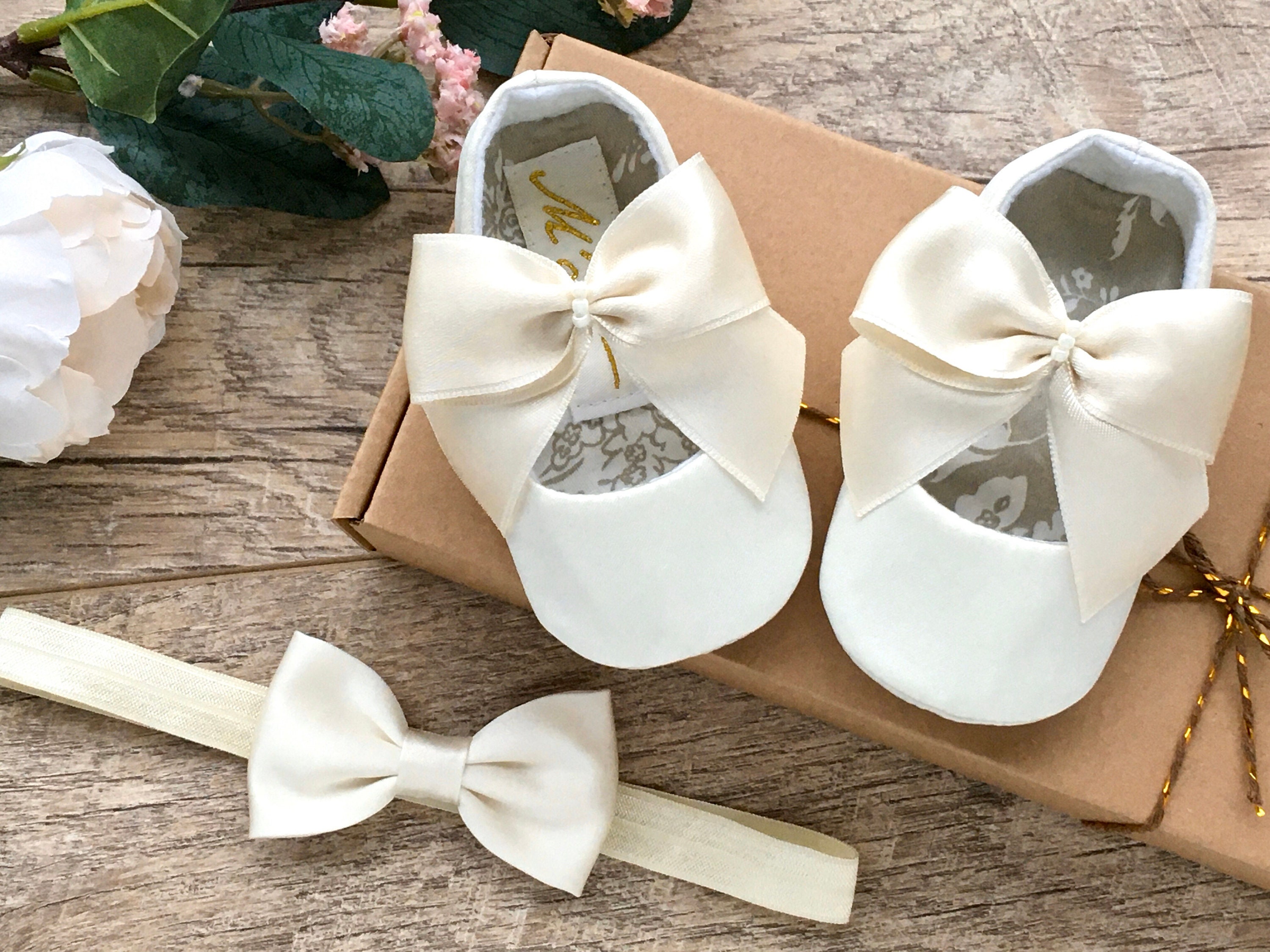 IVORY Satin Bow Baby Baptism Shoes WHITE Baby - Etsy