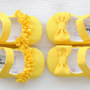 Yellow baby girl shoes with RUFFLES or BOWS, Easter outfit dress shoes, yellow baby shower gift, 1st birthday Minnie Mouse toddler flats image 1