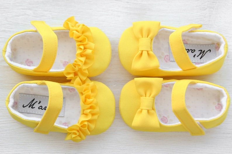Yellow baby girl shoes with RUFFLES or BOWS, Easter outfit dress shoes, yellow baby shower gift, 1st birthday Minnie Mouse toddler flats image 1