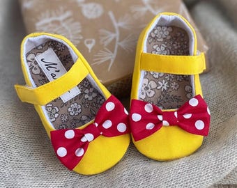 Zapatos y diadema de Minnie Mouse para bebé niña, zapatos de bebé amarillos y rojos, zapatos para bebés y niñas pequeñas, atuendo de Minnie para el primer cumpleaños, primeros pasos