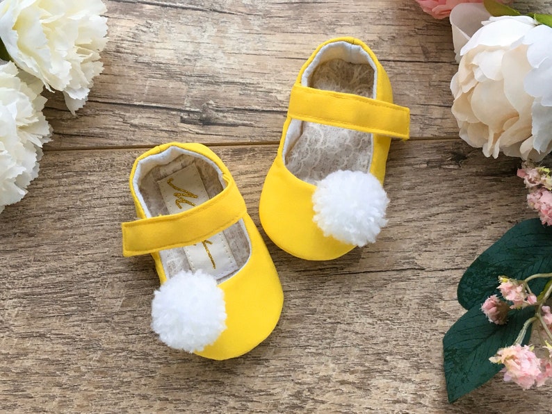 Yellow baby girl shoes with RUFFLES or BOWS, Easter outfit dress shoes, yellow baby shower gift, 1st birthday Minnie Mouse toddler flats image 4