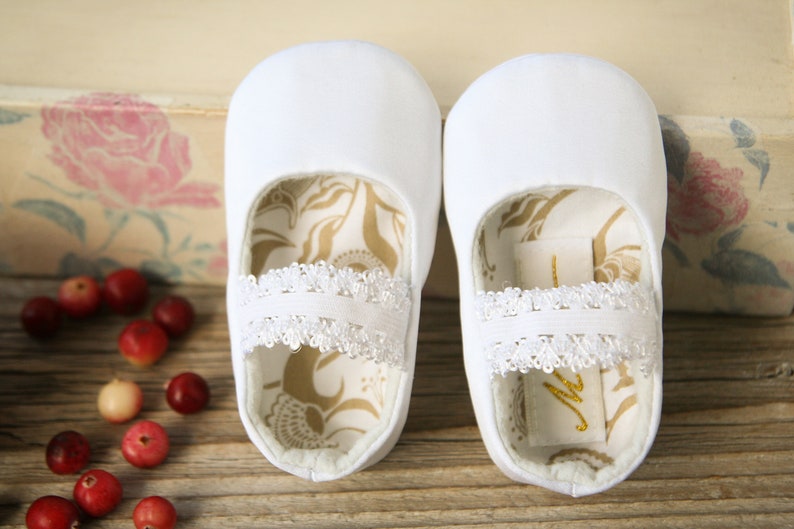 White or Ivory baby ballet flats, baptism slippers, handmade baby girl shoes, elastic lace strap shoes, Red Christmas shoes image 1