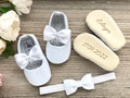 PERSONALISED baptism shoes and bow headband, white cross shoes, white christening shoes, blessing outfit baby girl slippers infant bow shoes product logo