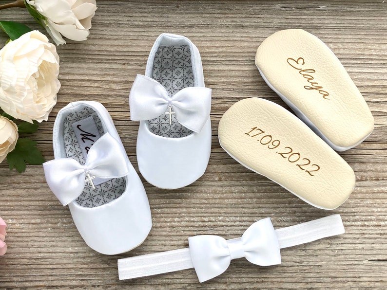 PERSONALISED baptism shoes, ivory cross shoes, white christening shoes, baby shoes, blessing outfit, baby girl slippers, infant bow shoes image 1